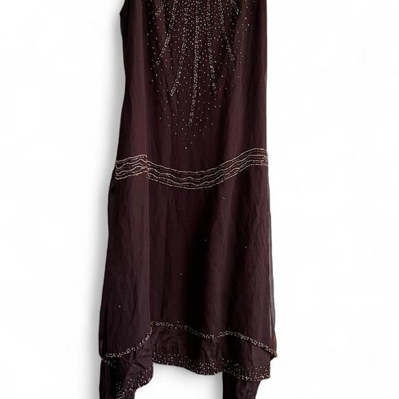 Morgan de Toi Y2K Silk Beaded Slip Dress – Brown Party Asymetrical Cocktail Midi - Picture 1 of 8